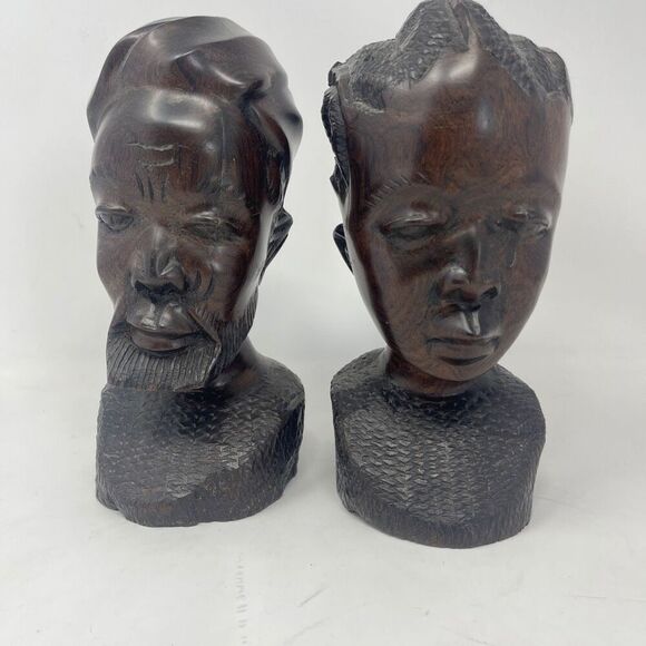 African Solid Wood Sculpture Set of Male & Female bust Hand Carved (Oliegbe) - Picture 1 of 6